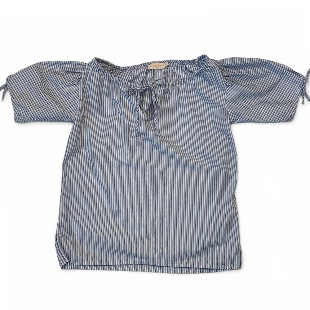 Tory Burch Striped Peasant Blouse XS Blue White Womens Puff Sleeve Tie Excellent